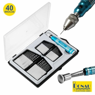 Conjunto de ferramentas electrónicas com 40 brocas e manípulo azul em estojo plástico