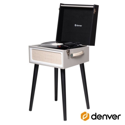 Gira-discos vintage branco com pernas pretas e tampa aberta com logo Denver