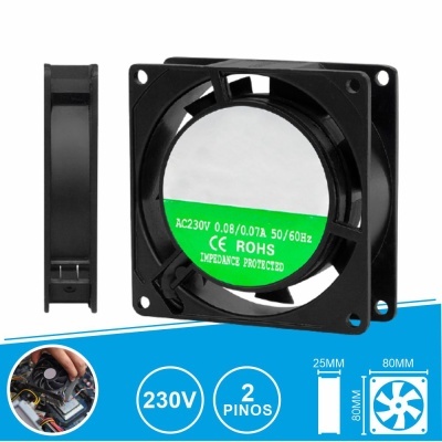 Ventoinha de refrigeração preta quadrada com etiqueta verde e branco, 80mm x 80mm x 25mm.