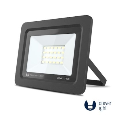 Projetor LED retangular preto 20W IP66 com LEDs visíveis e suporte de metal