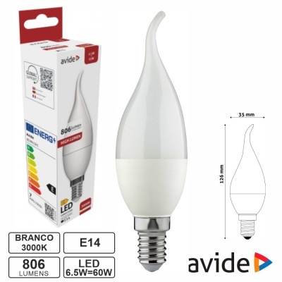 Lâmpada LED formato vela branca com embalagem e especificações técnicas visíveis