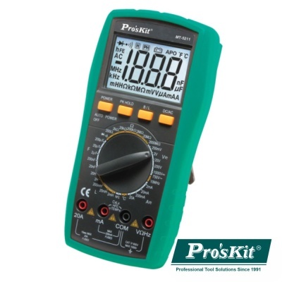 Multímetro digital Pro'sKit MT-5211 com botões laranja e corpo verde e preto.