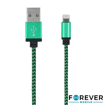 Cabo USB verde com conector Lightning e USB tipo A, cabo trançado verde e preto