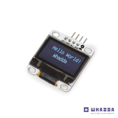 Mini ecrã OLED com texto Hello World Whadda em fundo preto