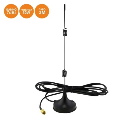 Antena negra com base magnética e cabo preto com conector dourado.