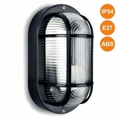 Luz de parede oval preta com vidro e grade preta, etiquetas IP54, E27, ABS