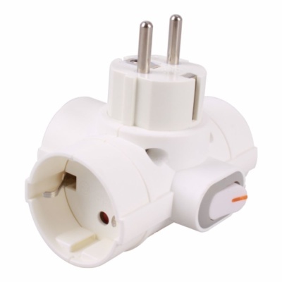 Adaptador elétrico branco com três tomadas e interruptor