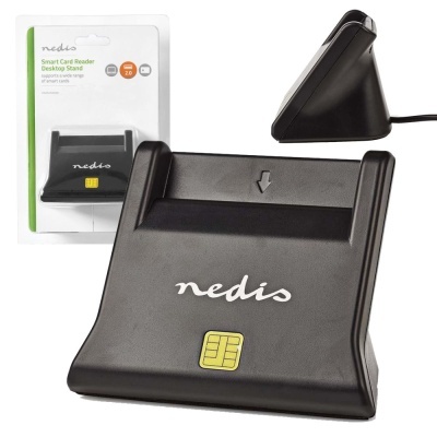 Suporte preto para leitor de cartões Nedis com embalagem ao fundo