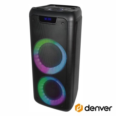 Coluna de som portátil preta com luzes LED coloridas e visor digital