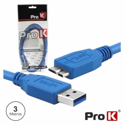 Cabo USB 3.0 azul Pro K de 3 metros com embalagem