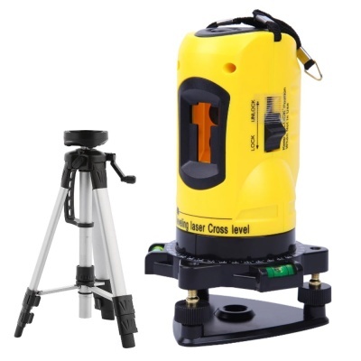 Nível laser amarelo com base preta e tripé prateado ajustável