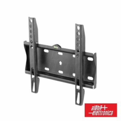 Suporte de parede metálico preto para TV com bolha de nível e logótipo alpha elettronica