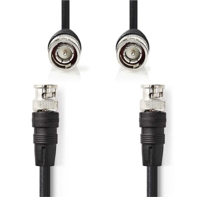 Par de cabos com conectores BNC de metal prateado e plástico preto