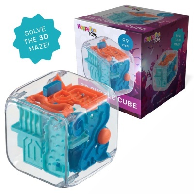 Cubo de plástico com labirinto 3D azul e laranja e embalagem colorida