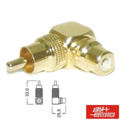 Adaptador RCA dourado em forma de L com esquema dimensional e logótipo alpha elettronica