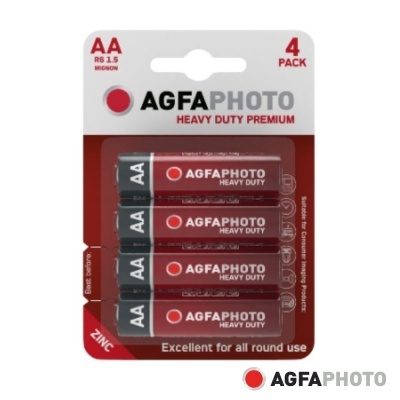 Pack de 4 pilhas AA AGFAPHOTO Heavy Duty em embalagem branca e vermelha