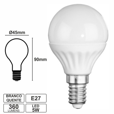 LÂMPADA E14 5W=35W 230V LED GLOBO BRANCO QUENTE 360LM