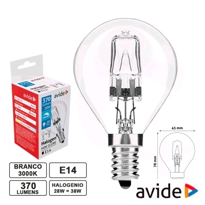 LÂMPADA E14 28W=38W 230V HALOGÉNEO GLOBO 370LM AVIDE