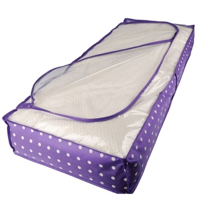Organizador de roupa roxo com bolinhas brancas e tampa transparente