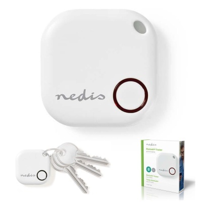 Rastreadores Bluetooth brancos da marca nedis com botão circular preto e logótipo na frente, ligados a chaves e embalagem
