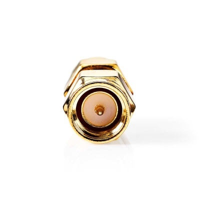 Conector coaxial dourado com isolador branco e pino metálico