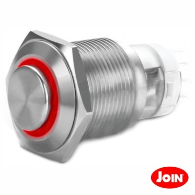 Botão metálico prateado com anel vermelho iluminado e base plástica