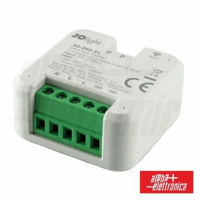 Módulo elétrico branco com terminal verde e texto impresso JOlight