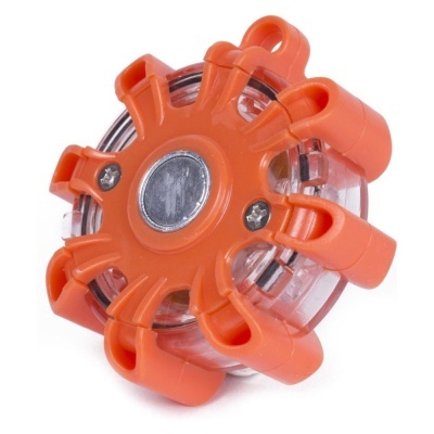 Flash de emergência redondo com estrutura plástica laranja.