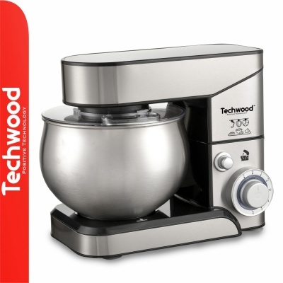 batedeira metálica e preta com tigela inox e botão de controlo