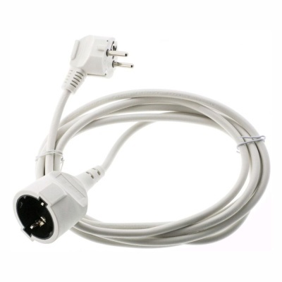 Cabo elétrico branco com fichas macho e fêmea, cabo enrolado