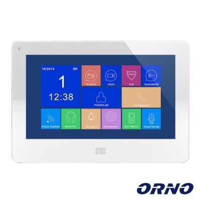Intercomunicador com ecrã táctil branco e visor colorido com ícones e logótipo ORNO