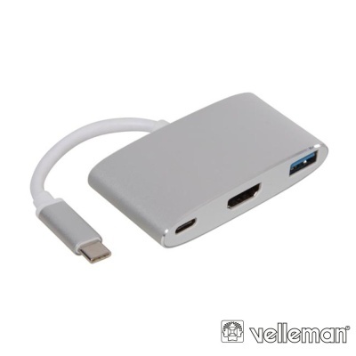 Adaptador USB-C cinza com portas USB-A, HDMI e USB-C