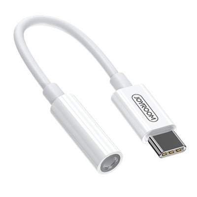 Adaptador USB-C para áudio 3,5 mm branco com rótulo JOYROOM