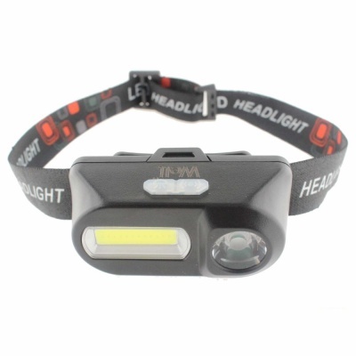 Lanterna de cabeça preta com faixa elástica preta e vermelha com texto HEADLIGHT