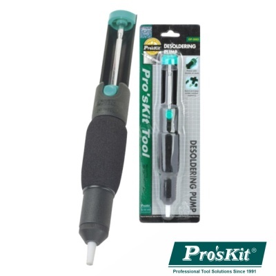 Bomba de dessoldar Pro'sKit preta e verde com embalagem