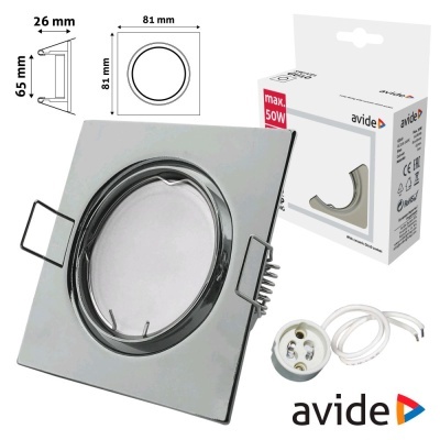 Luminária embutida quadrada metálica prateada com soquete e cabo, embalagem branca avide max 50W.