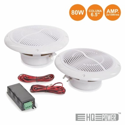 Par de colunas brancas redondas com amplificador e cabos