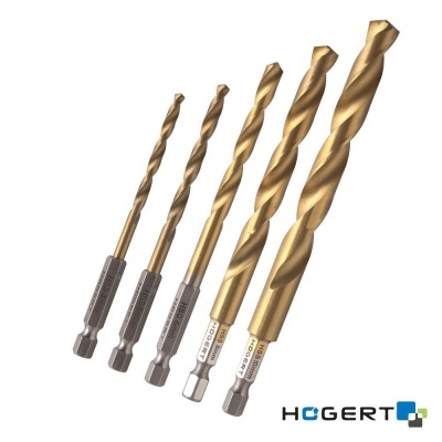 Conjunto de cinco brocas metálicas douradas de vários tamanhos com logotipo HÖGERT