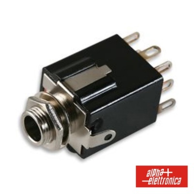 Tomada de áudio jack estéreo preta com múltiplos pinos e logotipo alpha+ elettronica