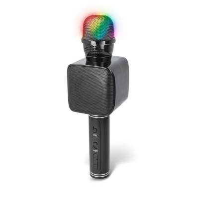 Microfone preto com luzes LED coloridas e coluna integrada.