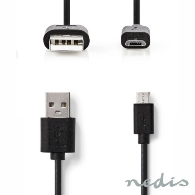 Cabo USB preto com conector USB tipo A e micro USB