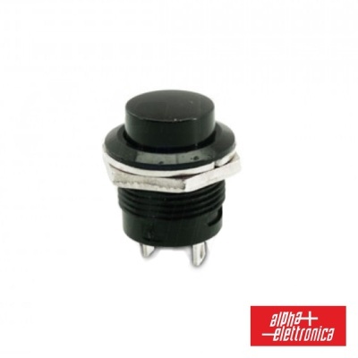 Botão interruptor preto com porca metálica prateada e terminais em fundo branco