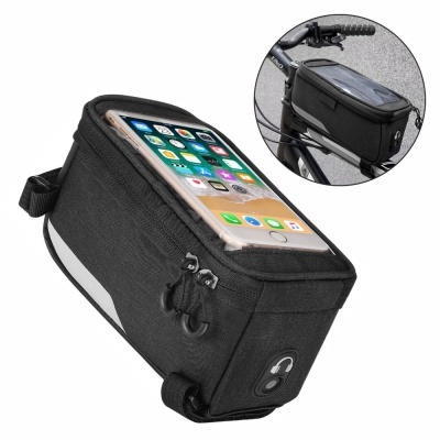 Bolsa preta para bicicleta com suporte para telemóvel e fecho de zíper