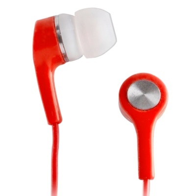 Auriculares intra-auriculares vermelhos com ponteiras brancas e detalhe metálico