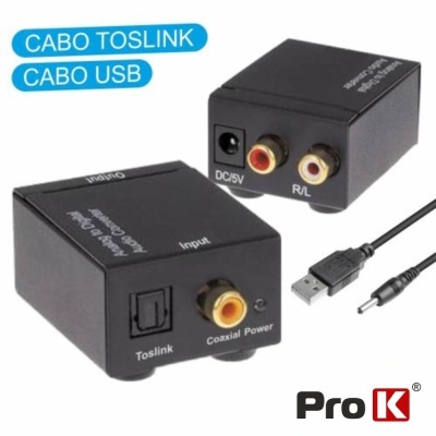 Conversor áudio digital com entradas Toslink, coaxial, USB e saídas R/L, acompanhado de cabo USB