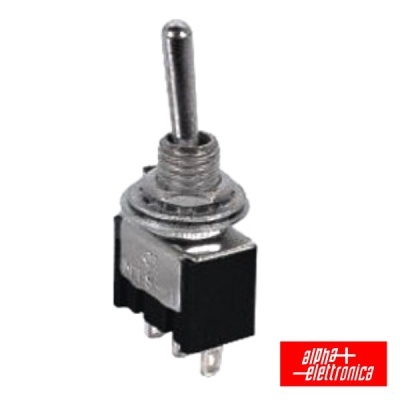 Interruptor toggle metálico com corpo em plástico preto e três terminais metálicos