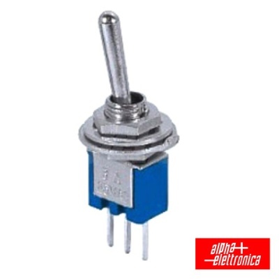 Interruptor de alavanca azul com pinos metálicos e logotipo alpha elettronica