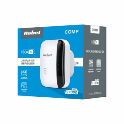 amplificador repetidor WiFi branco com faixa preta na embalagem azul e cinza Rebel COMP