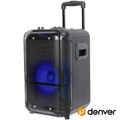 Coluna de som portátil preta Denver com luz azul e pega extensível