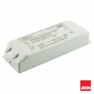 Fonte de alimentação LED branca retangular com etiqueta técnica e logo JOIN